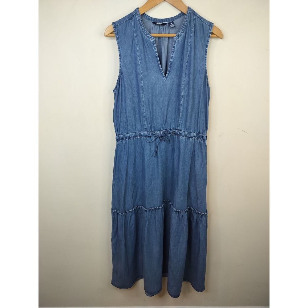 Lands End Chambray Tiered Midi Dress Medium Pockets Sleeveless Casual Blue